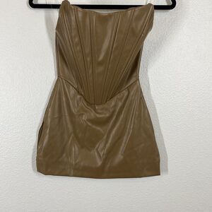 VTG Tic Toc Faux Leather Ribbed Corset Brown Side Slip Top Wet Steampunk Y2K